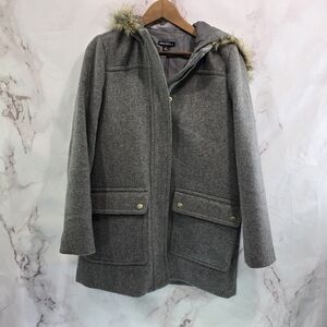 J Crew Coat Womens Medium 8 Gray Wool Blend Vail Parka Pea Zip Faux Fur Hood